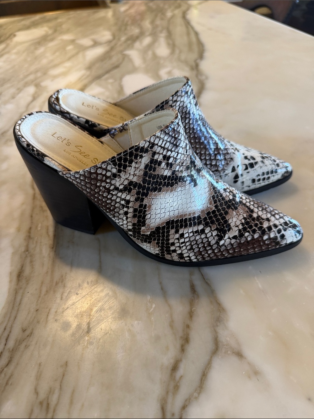 Snake Print Pointed Heeled Mules size 8